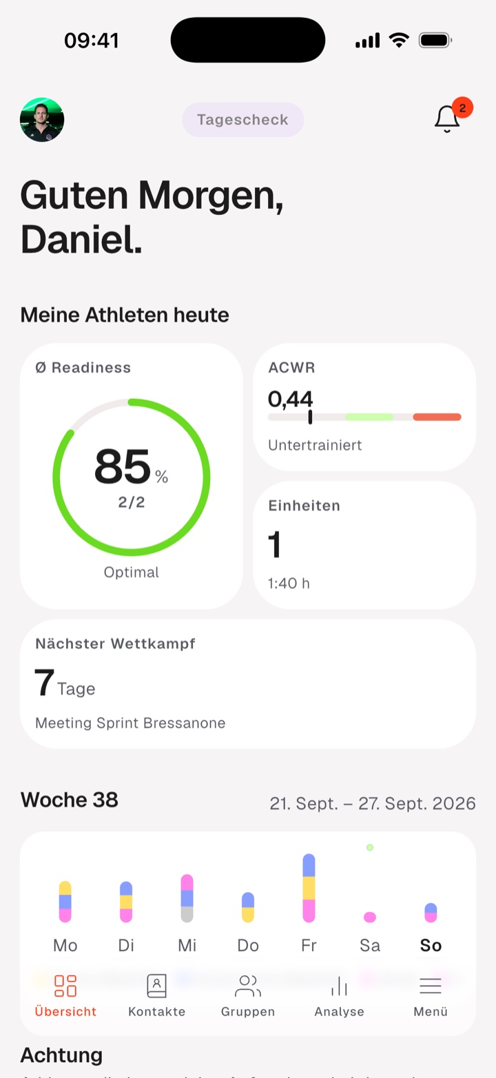 Dashboard der Tletify-App mit Readiness und Wochenübersicht