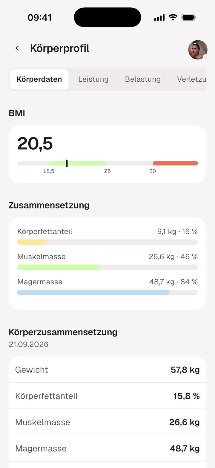 Körperprofil in der Tletify-App mit Verletzungen und Werten