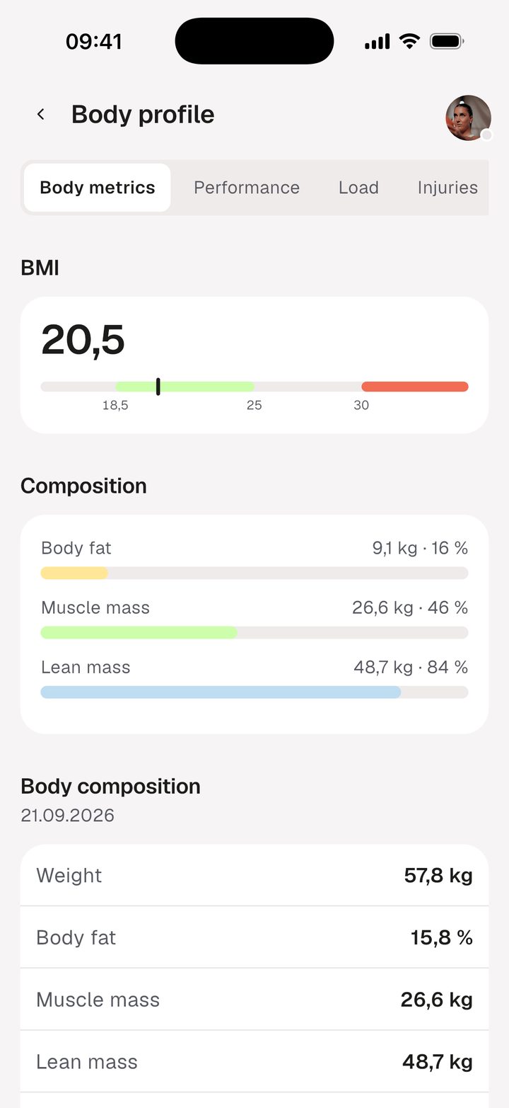 Body profile in the Tletify app with injuries and values