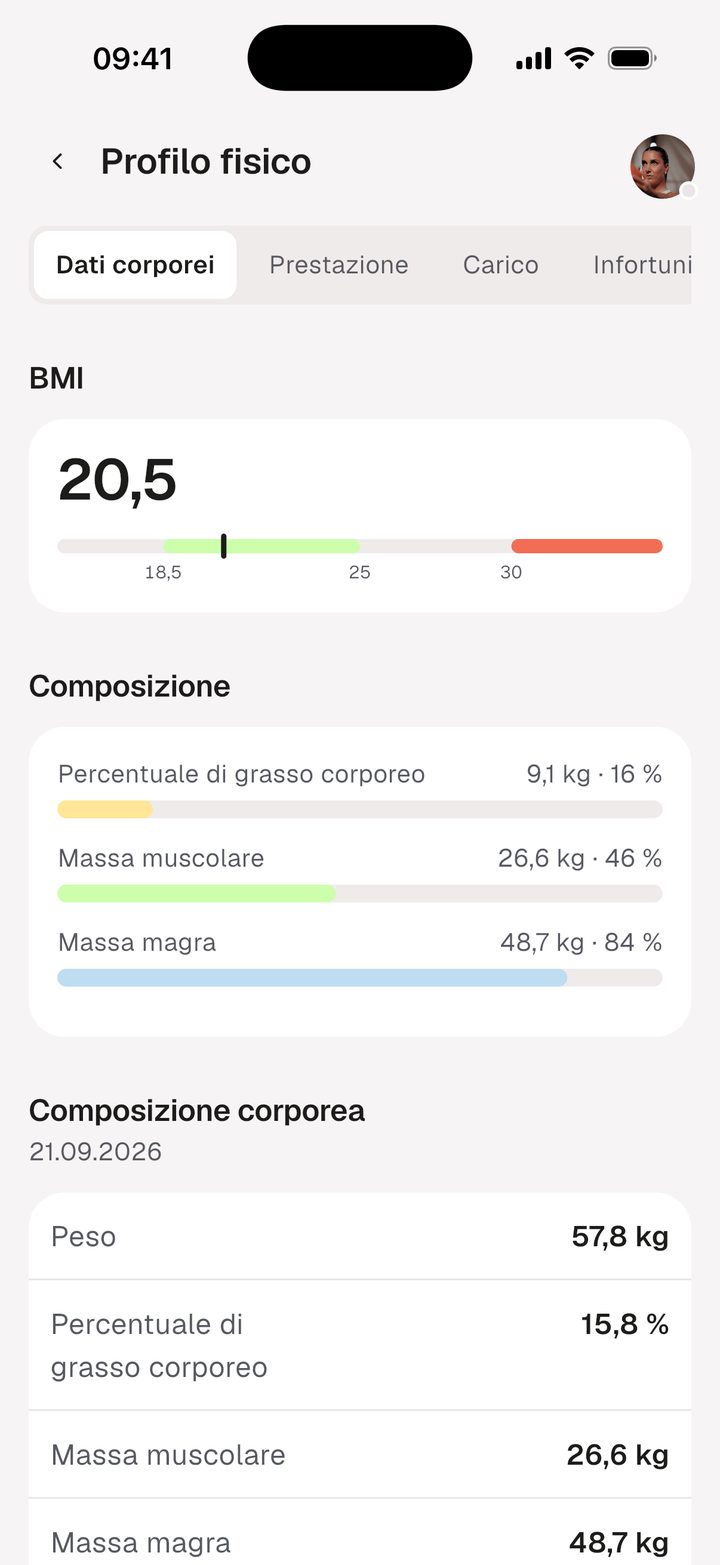 Profilo fisico nell'app Tletify con infortuni e valori