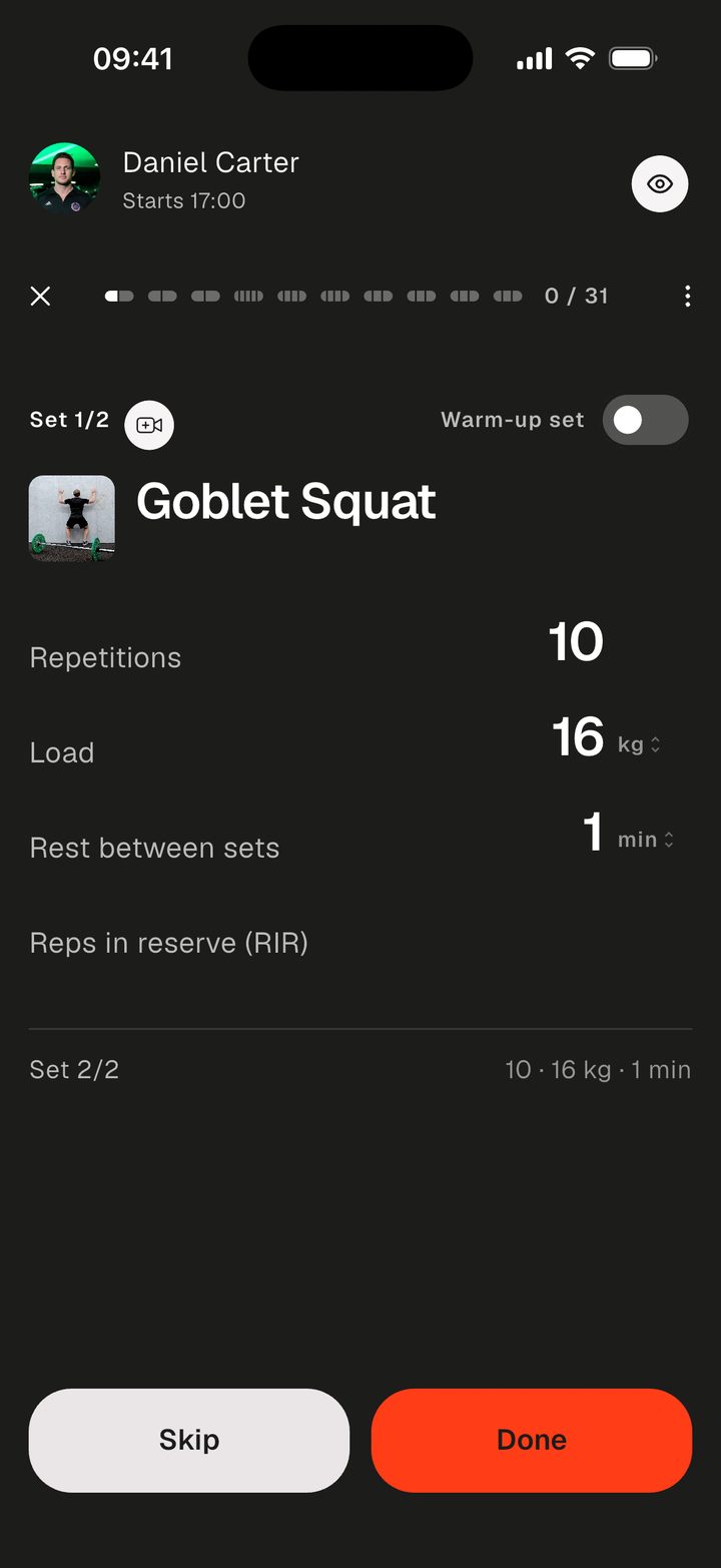 Workout mode in the app: Goblet Squat with preview image, 10 reps, 16 kg load and 1 min rest